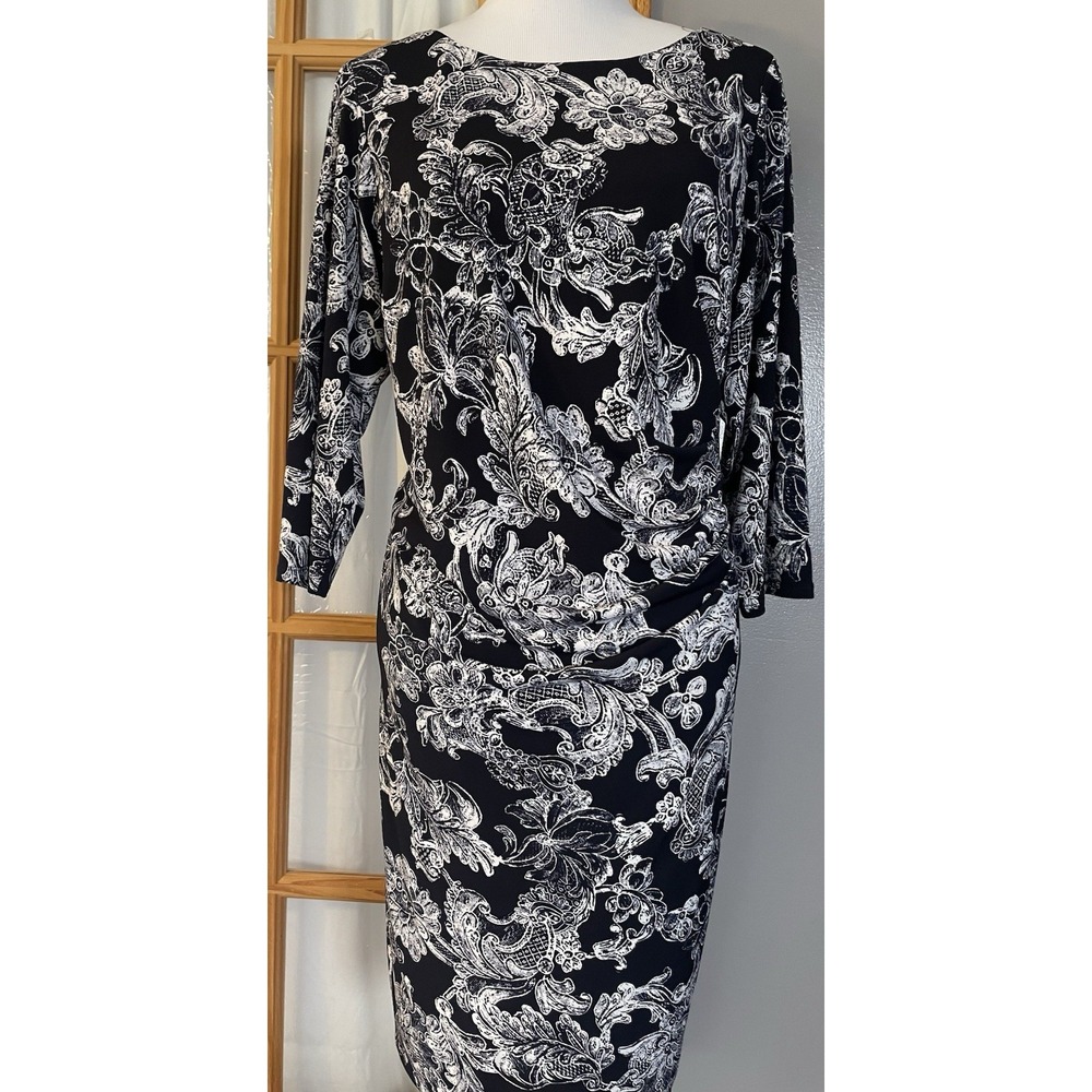 Vtg 90s Jessica Howard Paisley Dress 16W Black White Ruched Waist Career Party